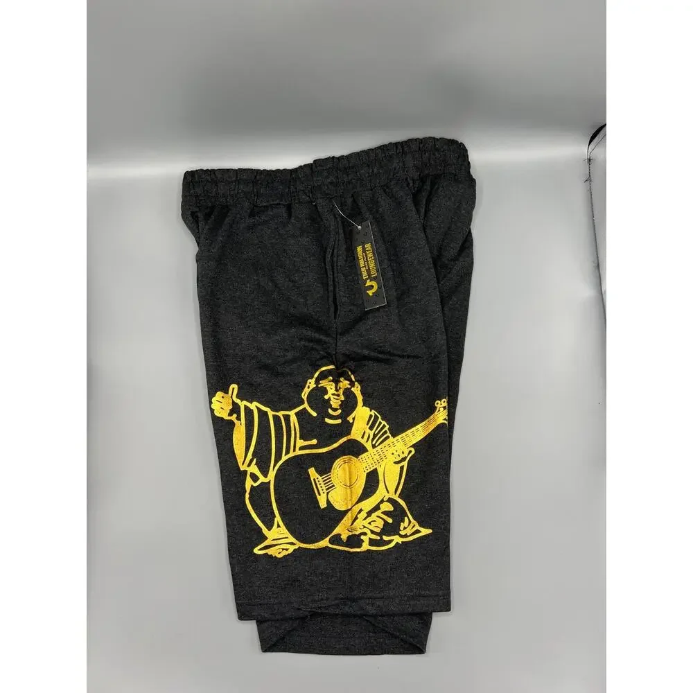 MENS SIZE LARGE TRUE RELIGION CHARCOAL GRAY/GOLD LOUNGE SHORTS W/POCKETS - NWT